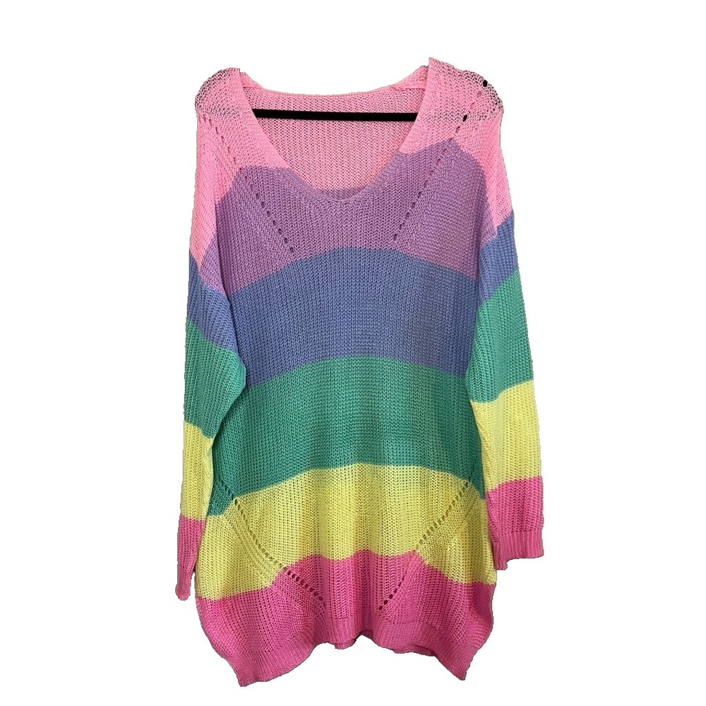 Oversized Striped Knit Sweater Tunic XL Rainbow Artsy Colorful Festival Retro